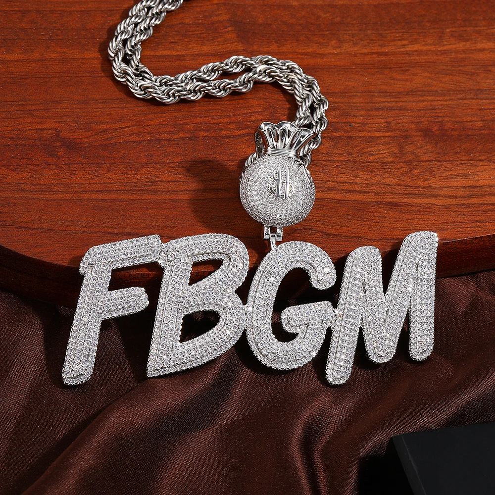 

Customized Name Pendant Bling Cubic Zirconia Letter Money-Bag Clasp Iced Out CZ Luxury Fashion Hiphop Jewelry For Men Women Rock