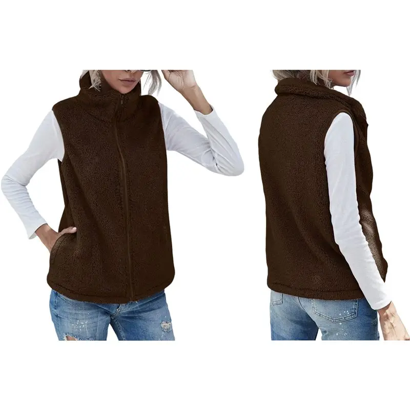 

CYL-Women's Turtle-Neck Sleeveless Warm Plush Vest With Zipper Autumn Winter Vest Jacket With Pockets