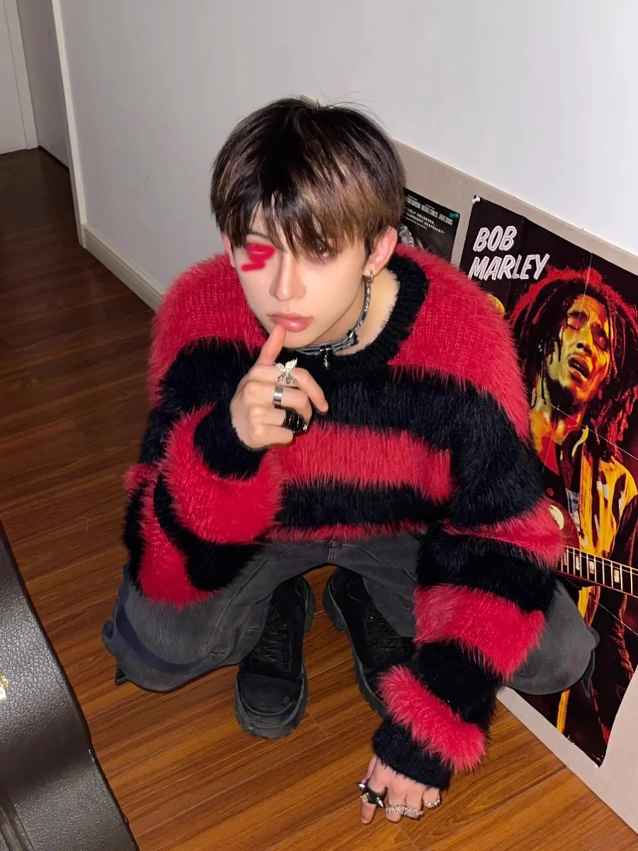 Red And Bla Striped Color Blo Sea  Wool Men's Lazy Sle High End Knitted Sweater Winter Fake  Fur Couple's Jaet - Image 5