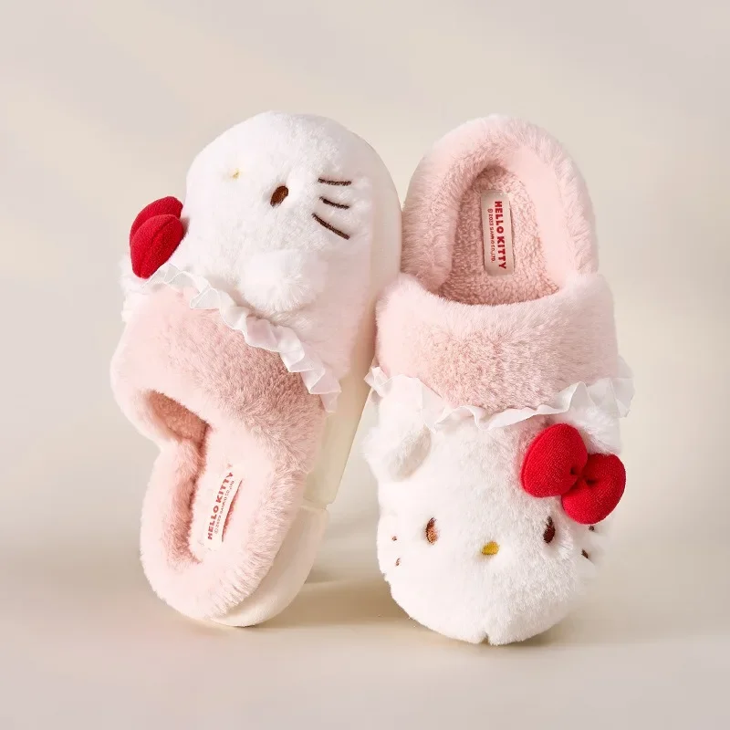 

Симпатичные хлопковые тапочки Hello Kitty, женские зимние домашние теплые меховые тапочки на толстой подошве, домашние женские аксессуары в мультяшном стиле