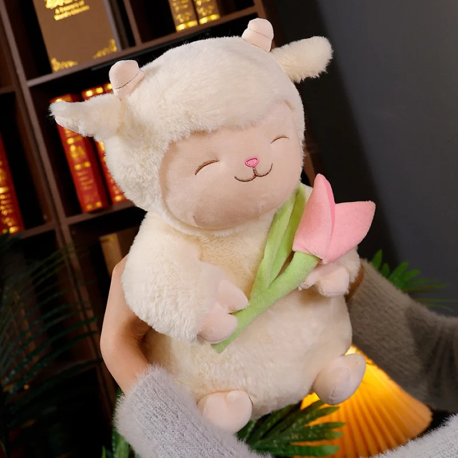 Kawaii Sweet White Sheep Lam Hold Tulip Flower Plush Doll Soft Stuffed Lamb With Tulip Plushie Toy Cute Gift For Kid Birthday