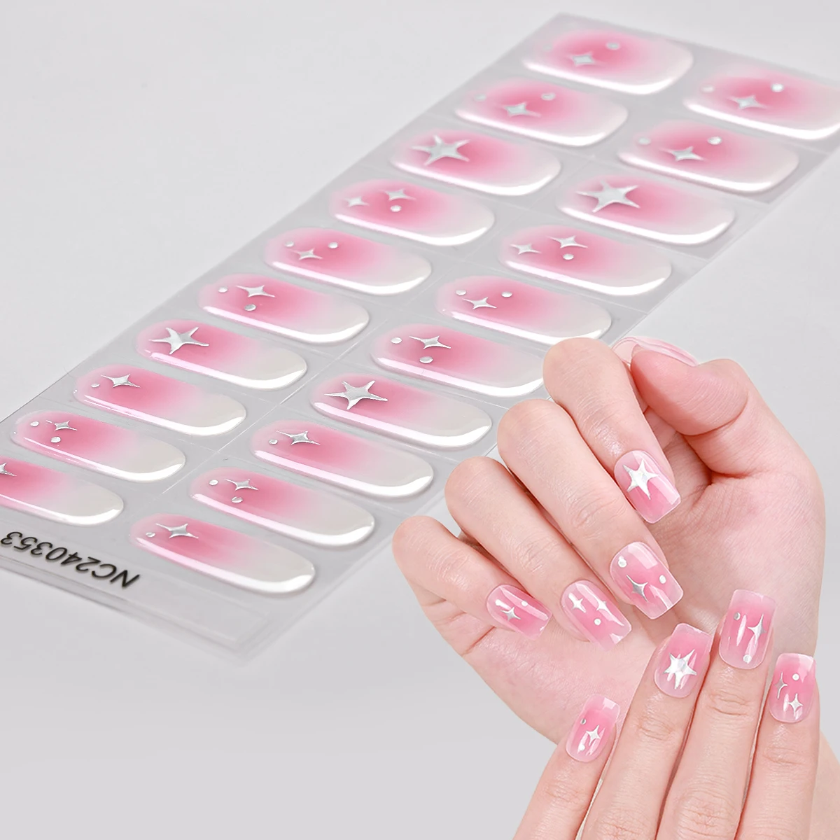

20Tips Semi-Cured Gel Nail Wraps Full Cover Shinning Star Heart Gel Nail Polish Sticker Long Lasting Y2K Manicure Decoration