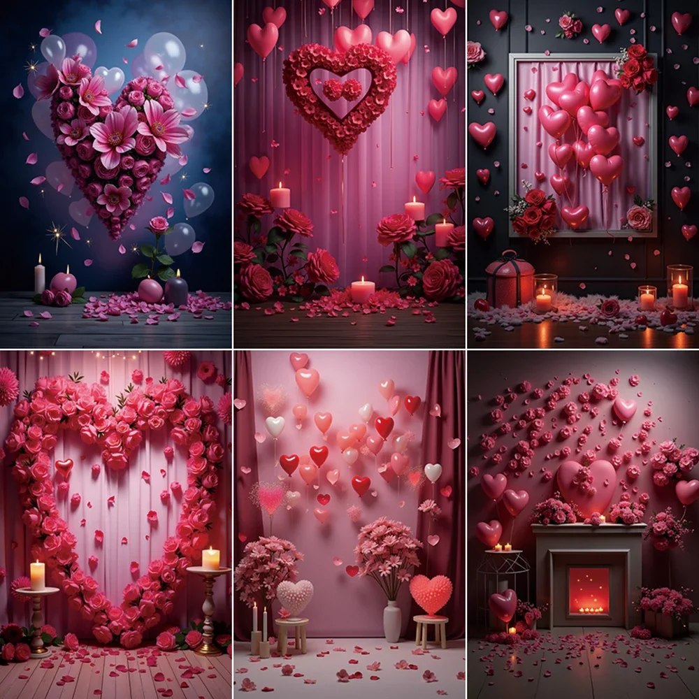 MOON.QG February 14 Photography Backdrop Love Balloon Valentine's Day Flowers Wall Background Women Birthday Studio Photocall