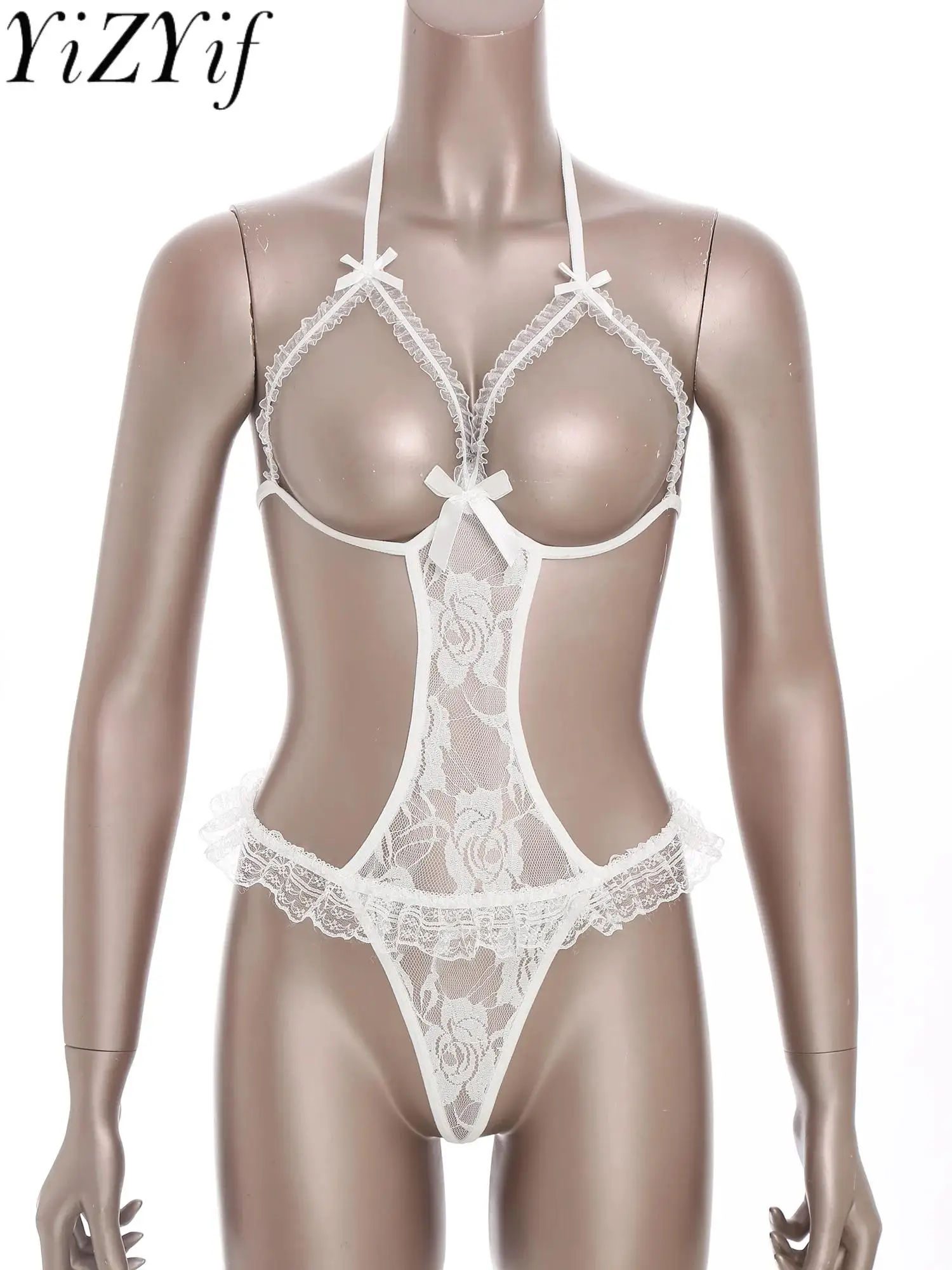 

Adult Women Alluring Tempting Nightwear Open Cup T-back Floral Lace Bodysuit Teddies for Dating Night Honeymoon Valentine's Day