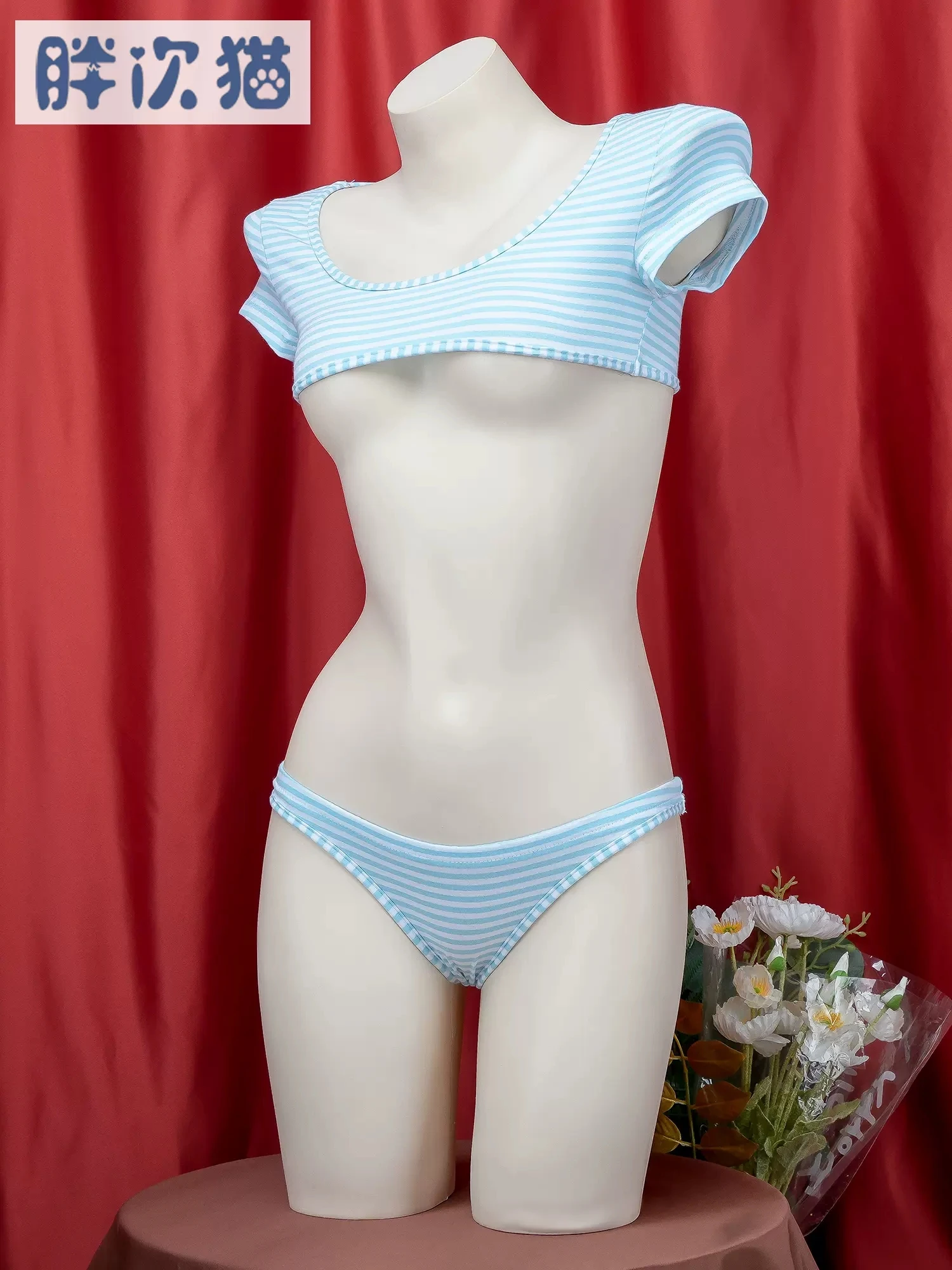 مجموعات ملابس داخلية يابانية مخططة من ثلاث نقاط ، زي تنكري للمدرسة للبنات ، زي بيكيني قصير للغاية