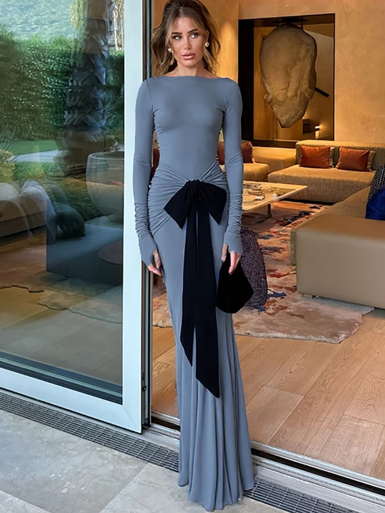 FDYOUI Elegant Long Sleeve Folds Evening Dresses for Women Chic Tunics Ruched Bowknot Long Maxi Party Prom Dress Vacation Outfit