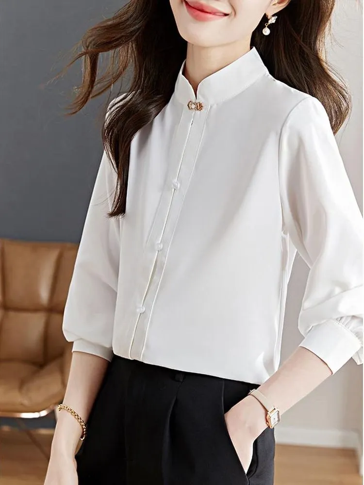 

Новая китайская атласная блузка с длинным рукавом для женщин, осенняя модная ретро-модель с воротником-стойкой, элегантный женский топ премиум-класса