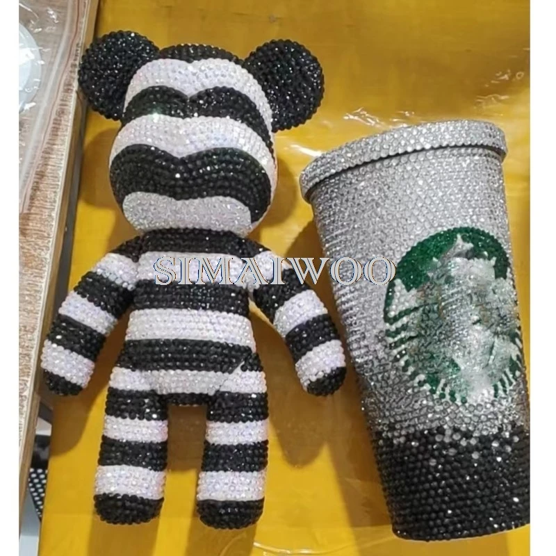 Customizable Black White Stripe Rhinestone Bear Statue DIY Diamond Mosaic Doll Handcraft Home Decorative Kids Christmas Gift