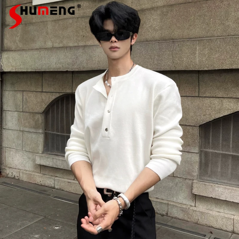 

Men's High-end Comfort Slimming T-shirts Men's 2026 Spring New Slim-fit Solid Color Tops Handsome Button Decoration Simple Tees