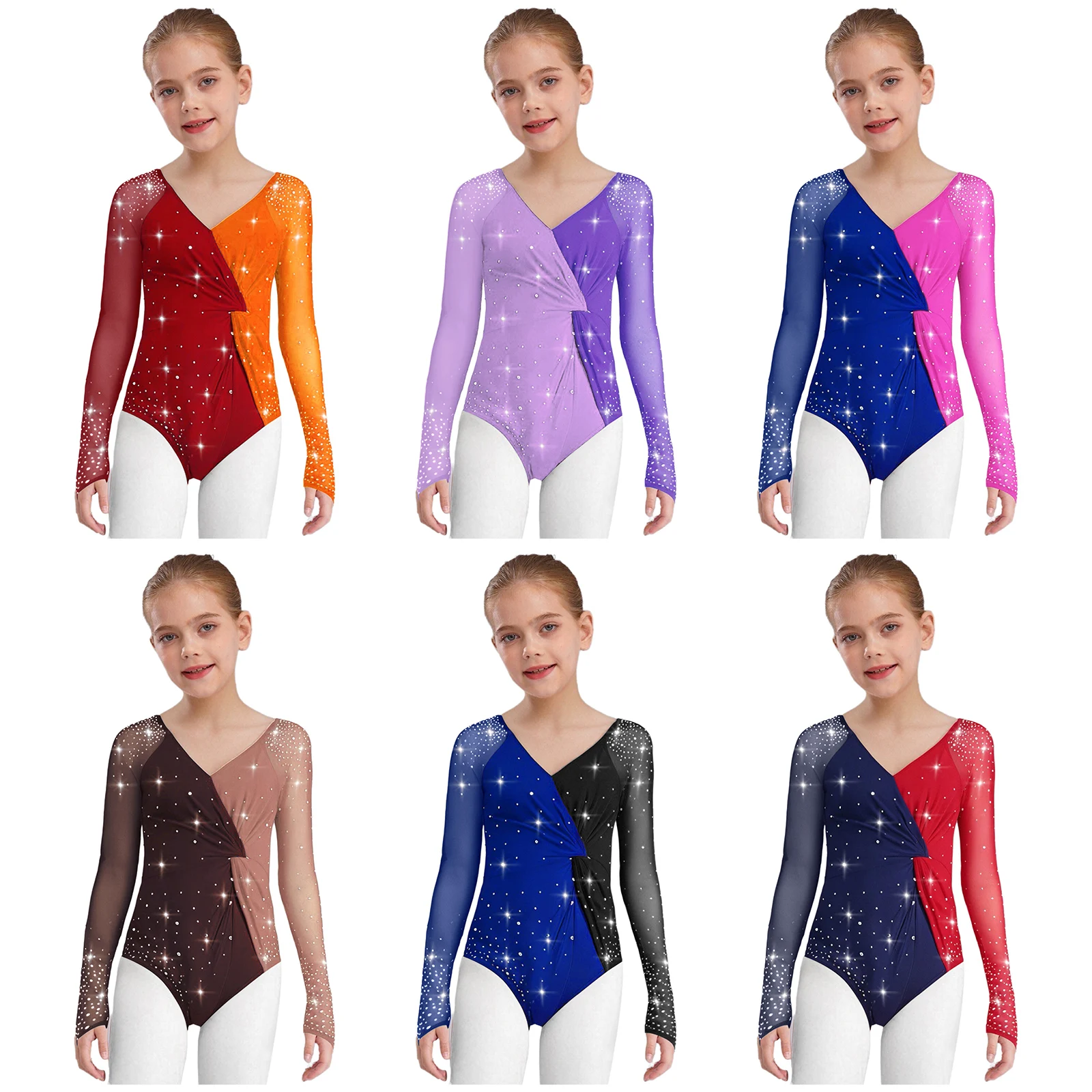 

New Girls Gymnastics Leotards Long Sleeve Ballet Bodysuit Rhinestones Color Block Children Figure Ice Skating Jumpsuit Dancewear