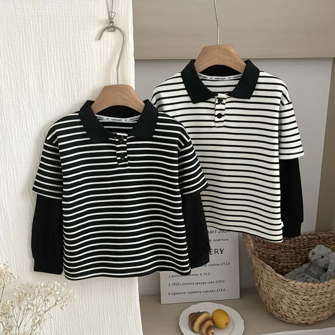 Children's Striped Polo Shirt 2025 New Fashion Kids False Two-piece T-shirts Teenage Autumn Cotton Tops Japanese Korean Style