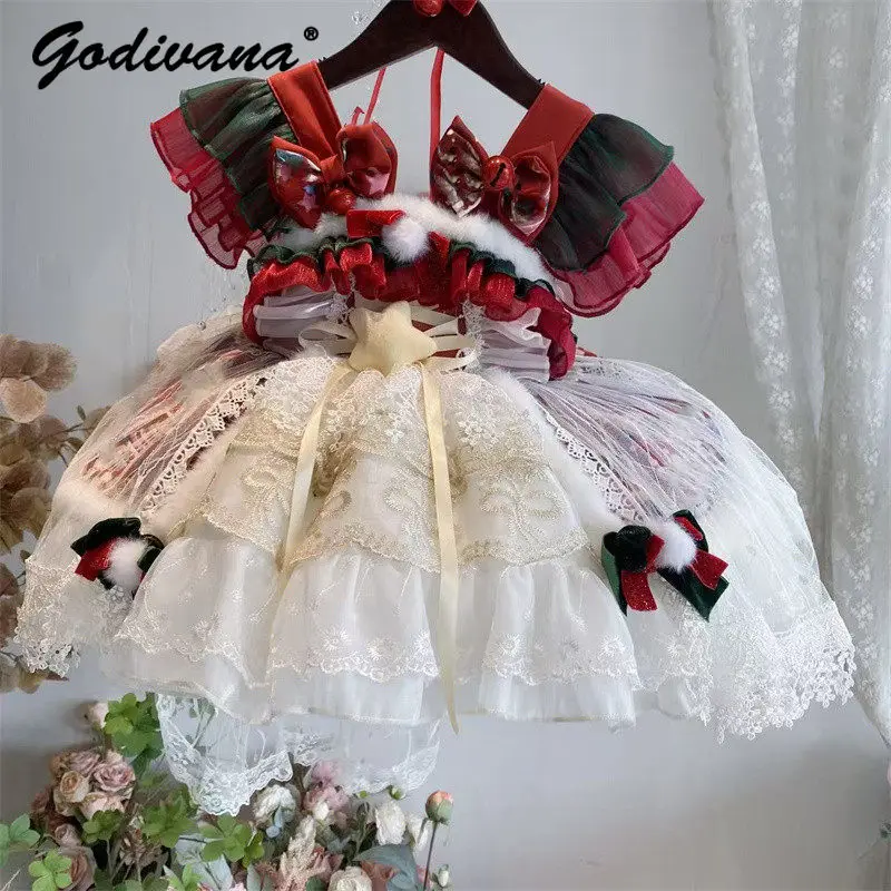 Sweet Baby Girls New Year Red Princess Lolita Suspender Dress Kids Autumn New Heavy Lace Embroidery Tulle Ruffle Birthday Gown