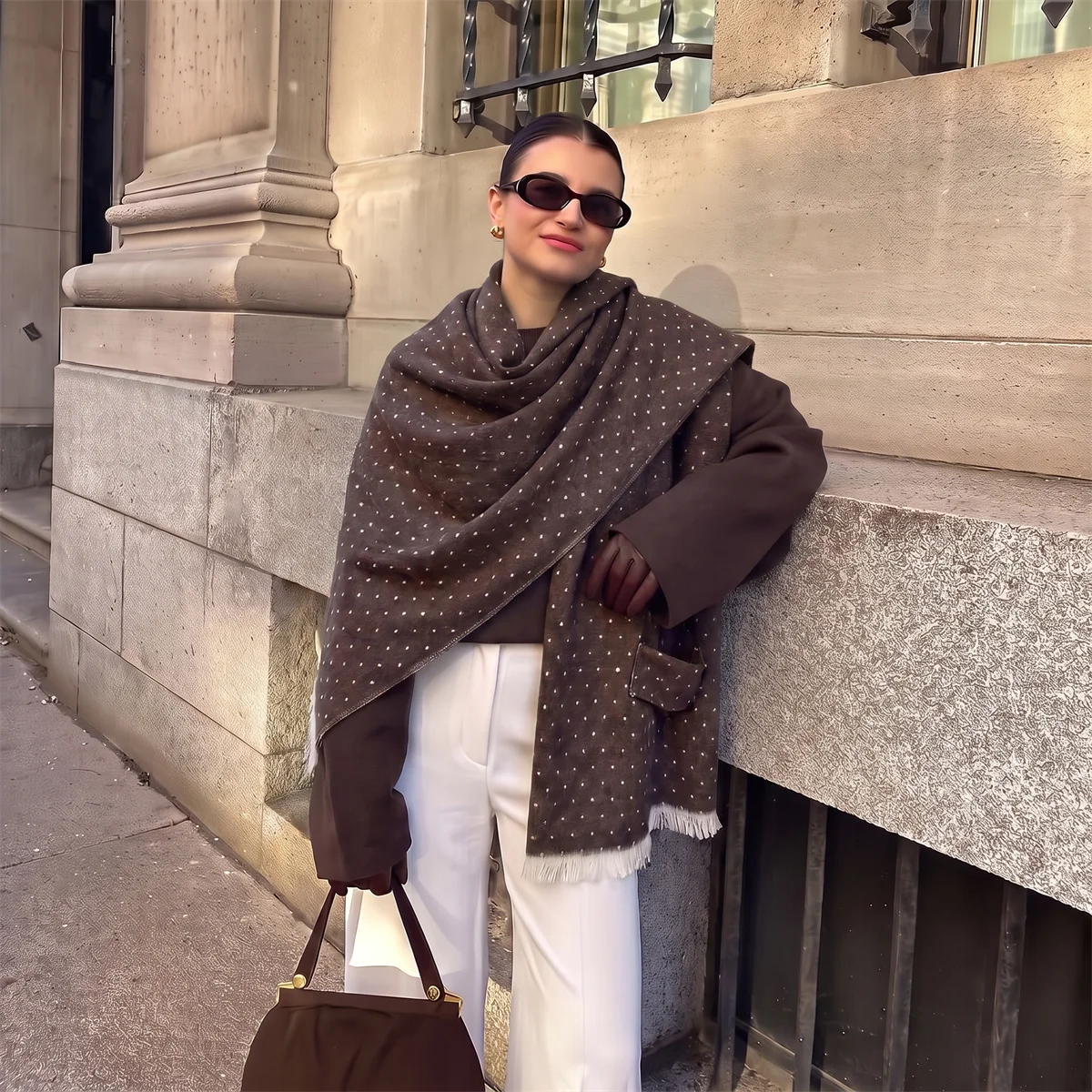 Elegant Polka Dot Shawl Cape for Women Fringe Hem Warm Knitted Poncho Wrap With Belt Winter Outdoor Layering Shoulder Cover
