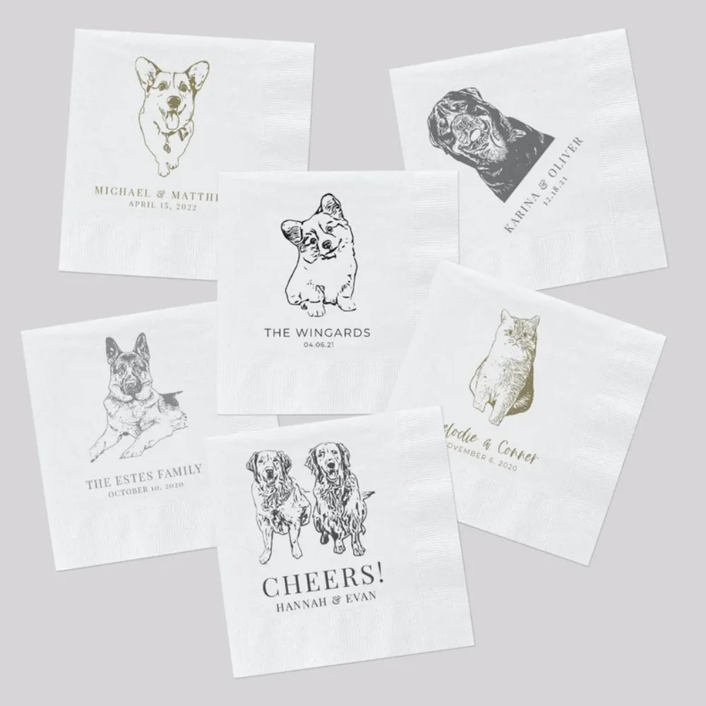 50pcs Custom Pet Cocktail Napkins for Weddings and Special Events - Personalized Wedding Napkins with Dog or Cat Illustrations