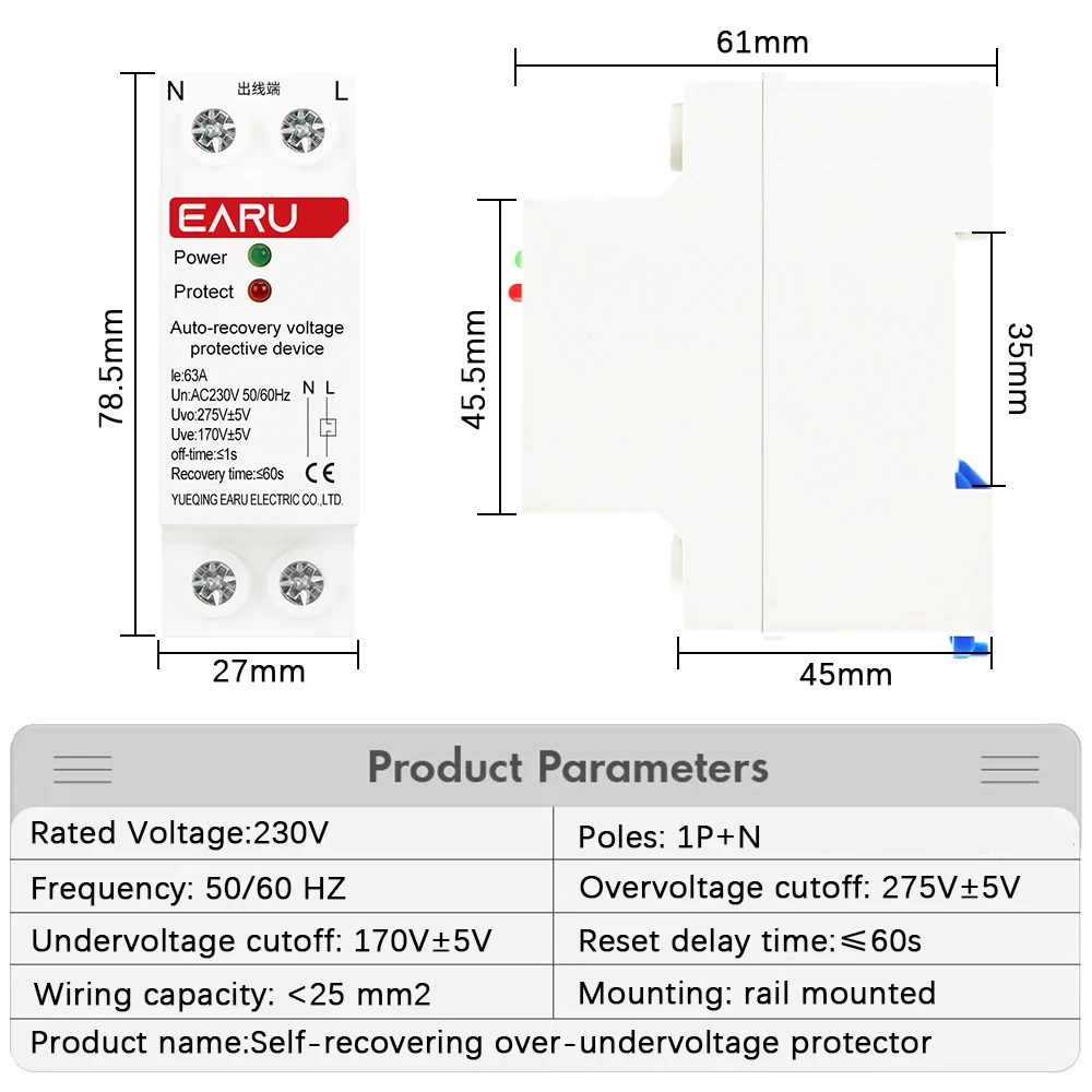 1P+N 27mm 40A 63A 230V Din Rail Automatic Recovery Reconnect Over Voltage and Under Voltage Protective Device Protection Relay