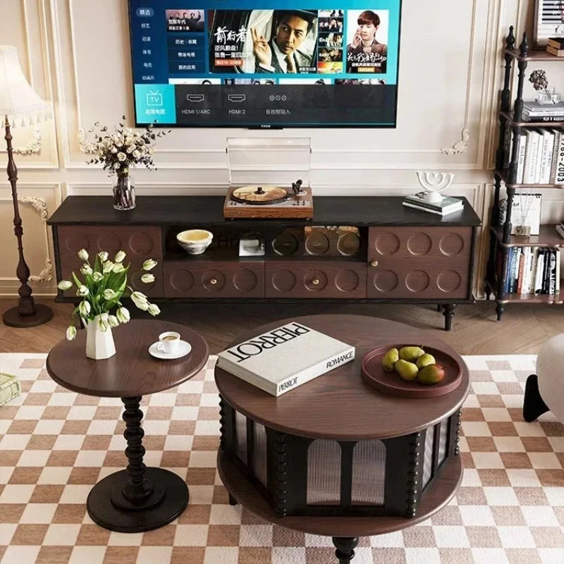 Móvel de TV retrô francês totalmente em madeira maciça preto
