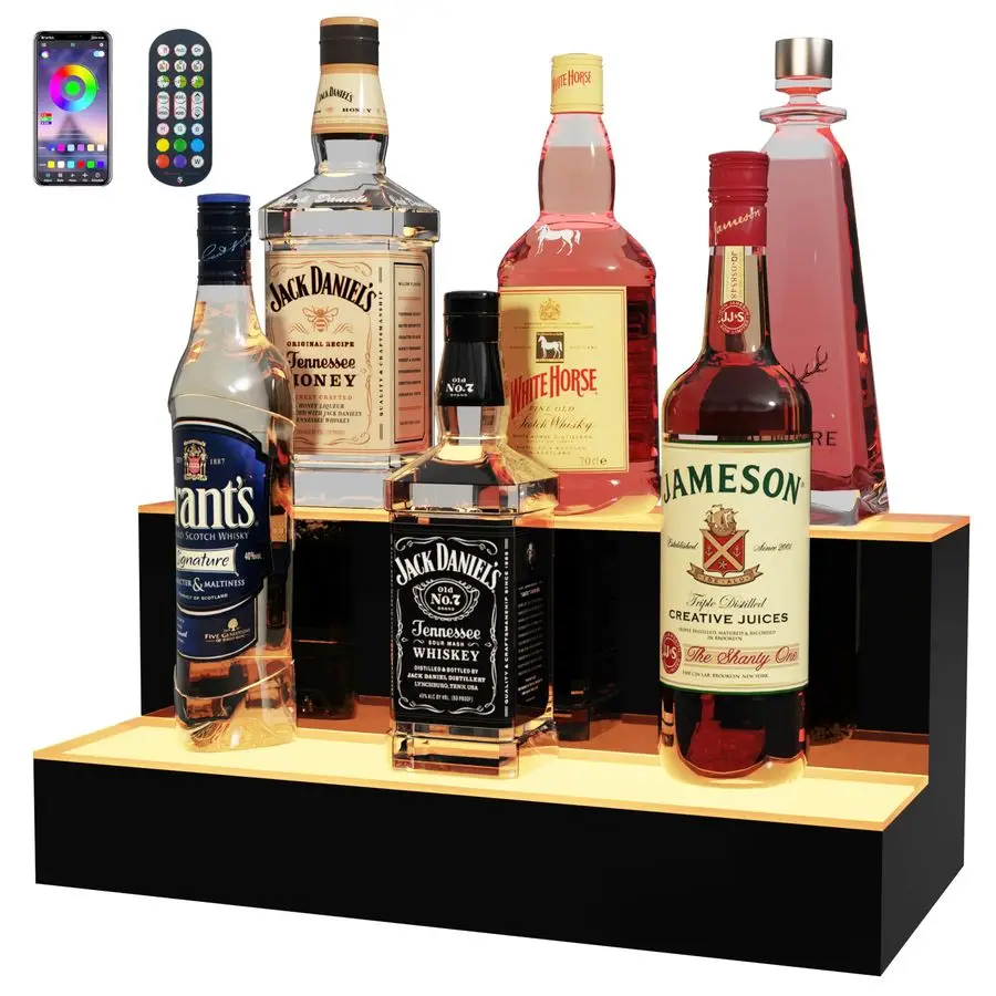 

16 Inch 2 Tier Lighted Liquor Bottle Display Shelf, LED Bar Shelves with APP or Remote Control, Mulit Color Lighting for Home Mi