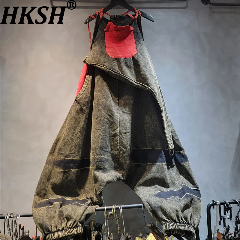 

Женский комбинезон HKSH в стиле ретро с цветными блоками, широкие джинсовые брюки, уличная мода, повседневный хип-хоп, трендовый свободный комбинезон, весна-лето HK21797