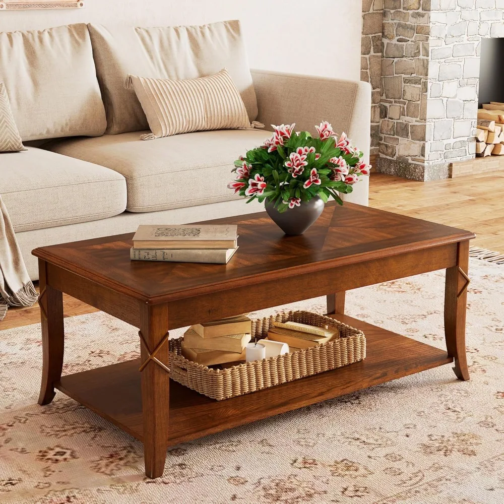 Solid Wood Coffee Table with Shelf, Vintage Rectangle Cocktail Table with Dual Hourglass Tabletop
