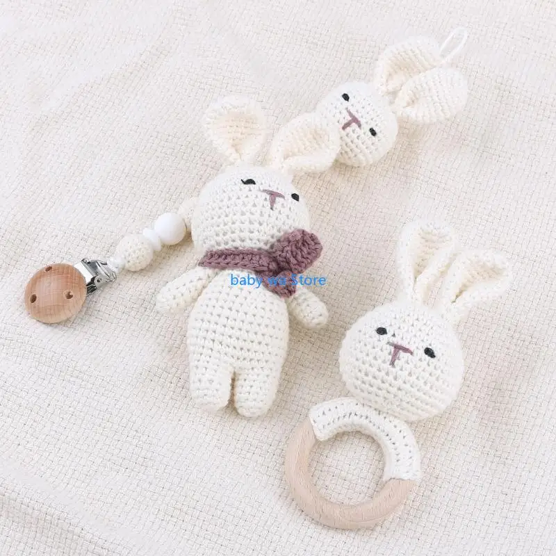 Baby Dummy Clip Teething Rattle Crochet Bunny Toy Rattle Infant Dummy Clip 4XBD