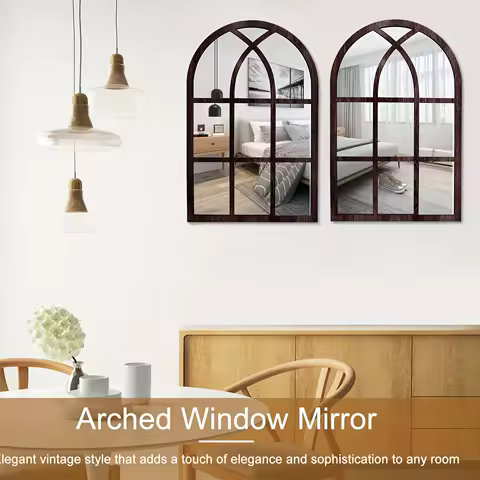 2pcs16in Retro Arched Wooden Frame Acrylic Double-Deck Wall Mirror Art Decor Home Living Room Bedroom Office Decor Window Design
