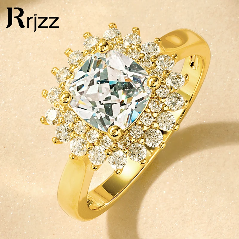 

Rrjzz Flower Shape Sparkling AAAAA CZ Simulated Diamond Ring Hot Silver Gold Color Sunflower Love Women Engagement Rings Jewelry