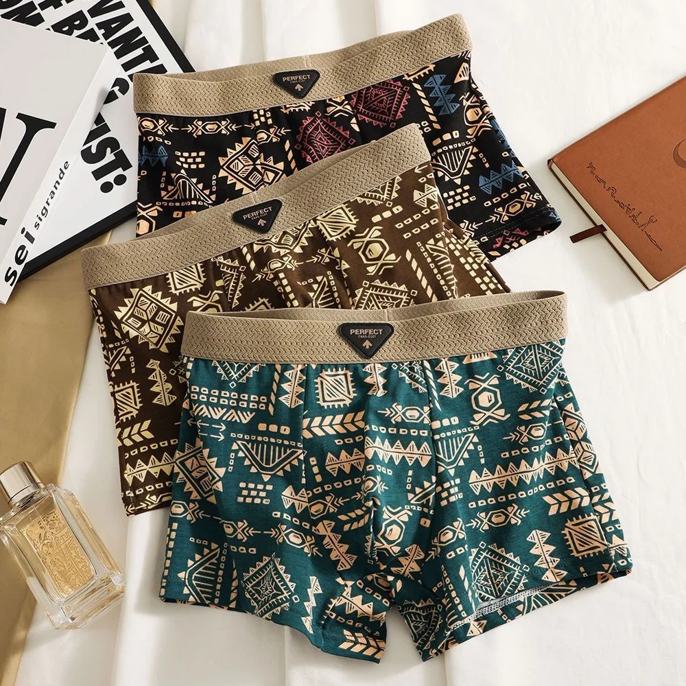 Retro Ethnic Style Men's Boxer Comfortable Briefs Vintage Print Elastic Underwear for Man Lingerie Mid Waist Shorts Underpants