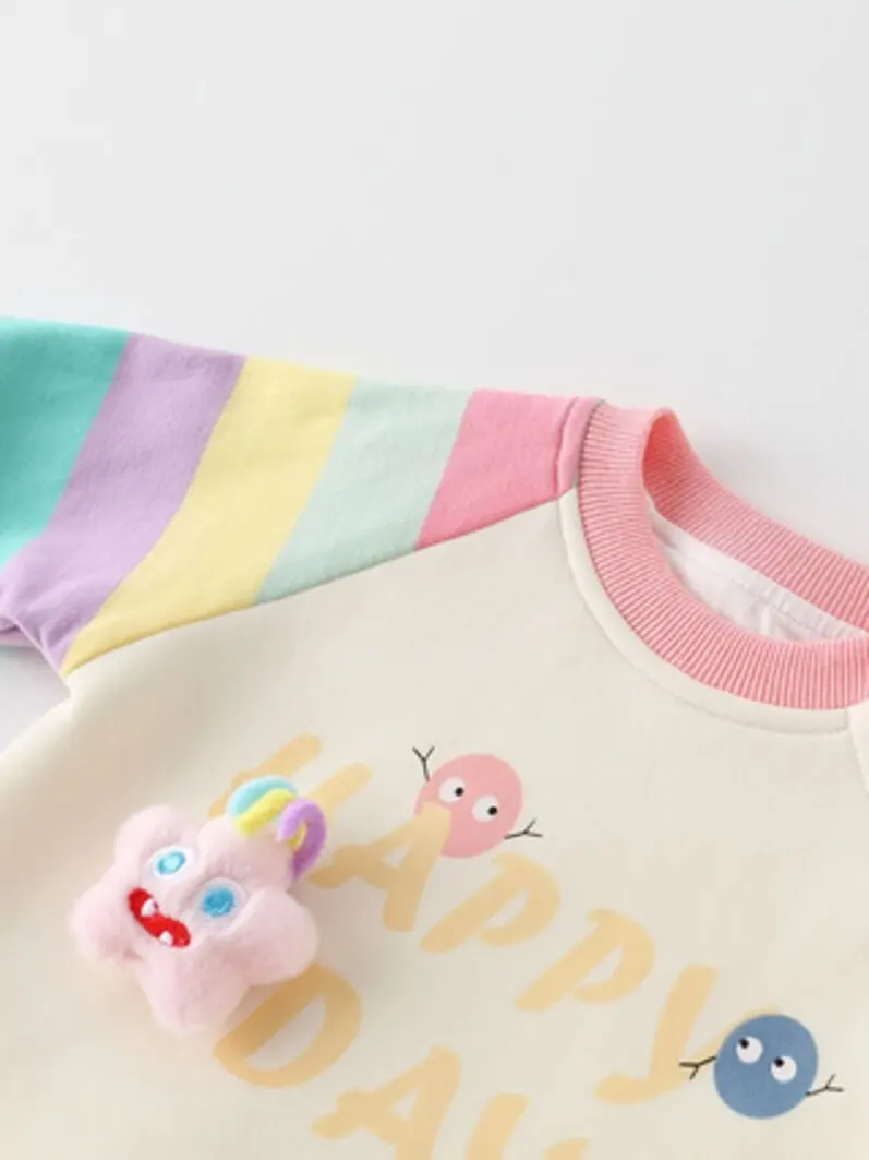 Niedliches Stern-Ornament-Outfit für Babymädchen, Regenbogenfarbenes Sweatshirt mit Farbblock-Ärmeln + lockere Jogginghose, 2-teiliges Set, Freizeitkleidung für Neugeborene und Kleinkinder – Detail 2