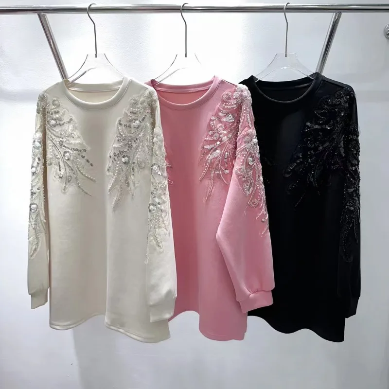 Autumn New High-end Heavy Industry Sequins Loose Medium And Long T-shirt Sweatshirts Versatile Pullovers Top O-neck Pink Hoodies