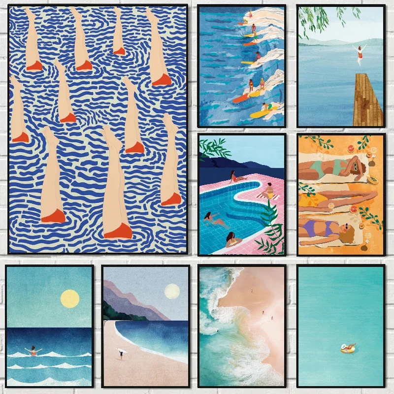 

Постер с изображением девушки в бикини на фоне океана и бассейна, холщовая картина для современной гостиной и декора в скандинавском стиле