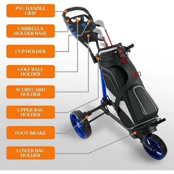 Serenelife-軽量折りたたみ式ゴルフプッシュカート、3輪ゴルフカート、上部と下部ブラケット付きゴルフバッグホルダー