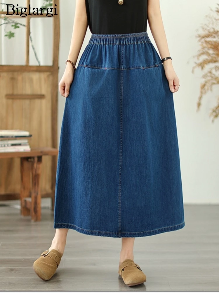 

Oversized Denim Spring Summer Skirt Women Elastic High Waist Fashion Ladies Skirts loose Ruffle Casual Woman Midi A-Line Skirt