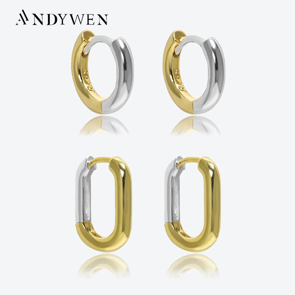 

ANDYWEN 925 Sterling Silver Gold Split Plating Oval Huggies Hoops Women Clips Piercing Earring 2023 Women Wedding Fine Jewelry