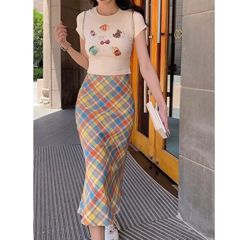 Women's Cute Japan Style Straight Slim Plaid Skirt Lady Summer Sweet Long Skirt