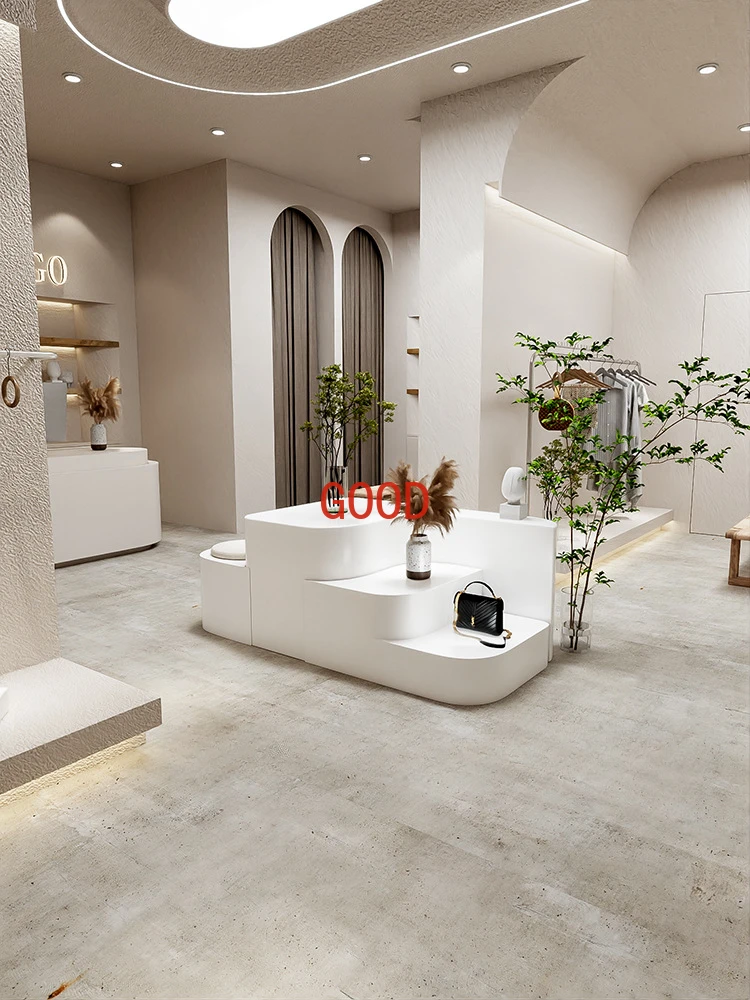 Loja de roupas decoração macia nakajima expositor mesa janela decoração adereços sapatos sacos cabine mesa água