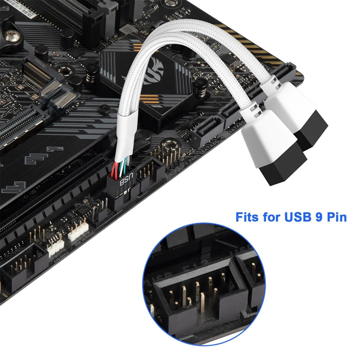 2 ชิ้นเมนบอร์ดคอมพิวเตอร์ USB 2.0 9 พินถึง Dual 9 พิน Y Splitter Audio HD สายสีขาว A002