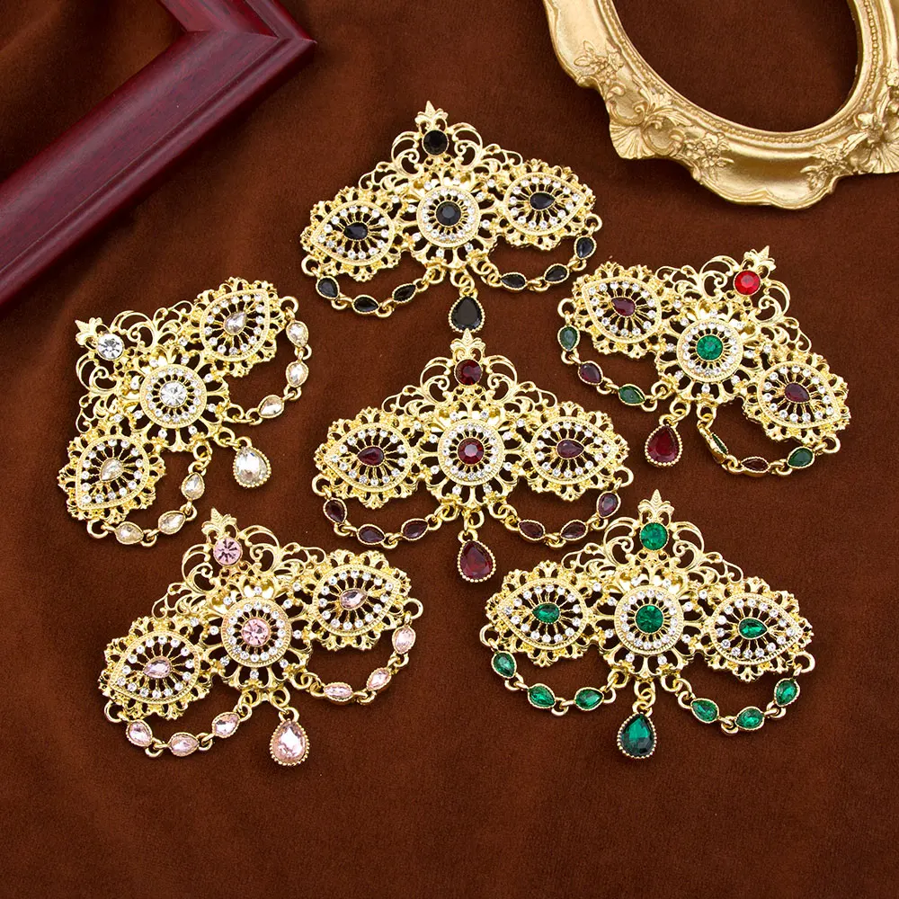 Arabic Colorful Brooch Crystal Pendant For Women Morocco Bridal Caftan Pins Hollow-out Tassel Design