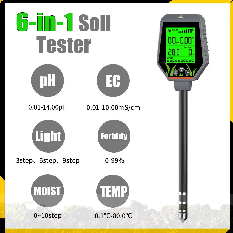 

6 IN 1 Digital Soil Meter PH/EC/Light/Moisture/Fertility Tester High Precision Plants Cultivation Gardening Humidity Monitor