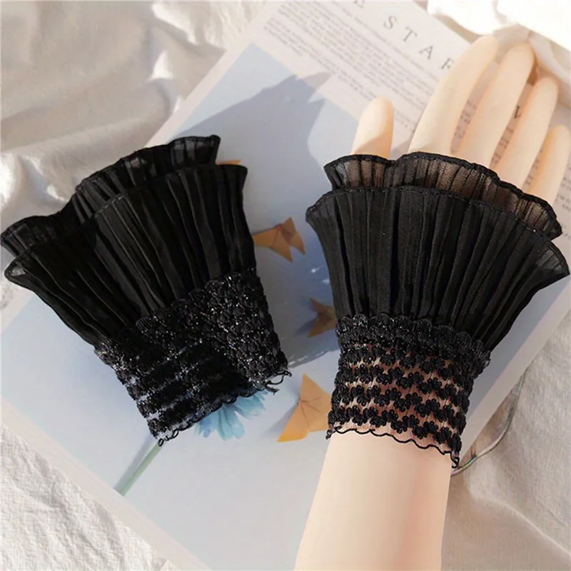 1Pair Detachable Cuffs Pearl Lace Mesh Fake Flared Sleeves Double Layer Pleated Ruched False Cuffs Sweater Blouse Wrist Warmers