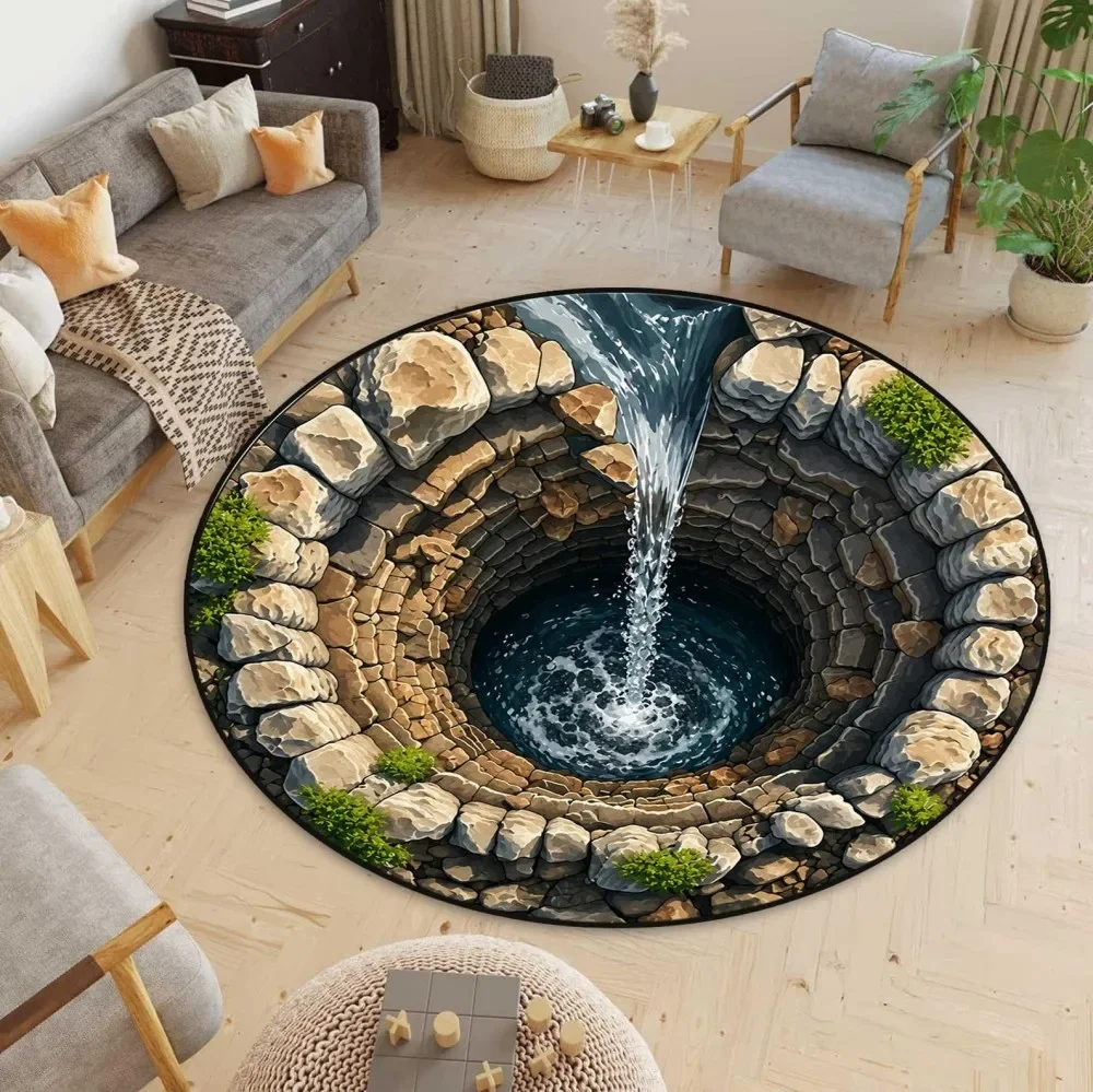 Stone Well Round Floor Mat 3D Optical Illusion Circular Rug Non-Slip Washable Carpets For Living Room Sofa Gaming Decor