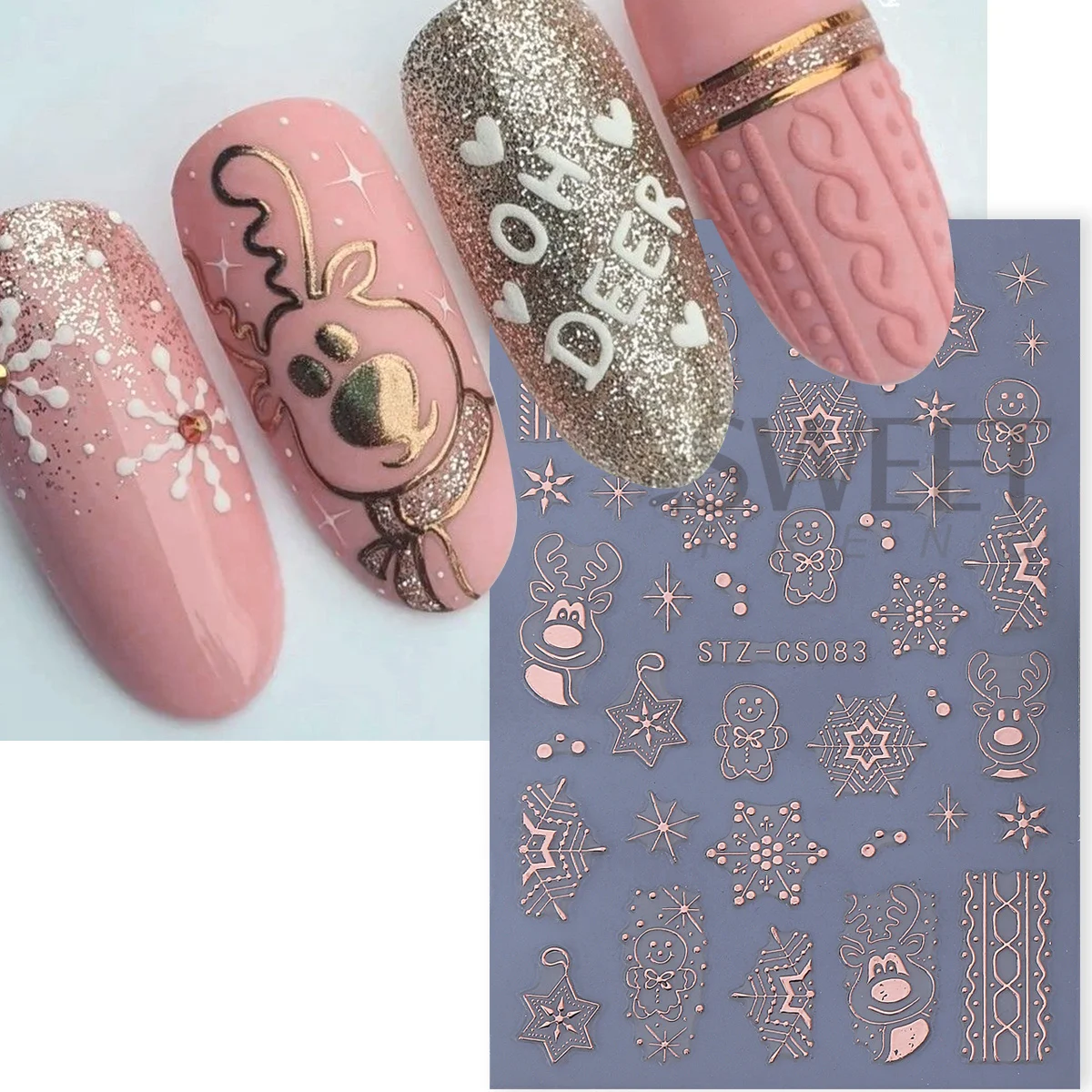 4 pçs inverno dos desenhos animados natal metálico adesivos de unhas rosa ouro branco rena brilhante estrela bola flocos de neve decalques manicure folhas