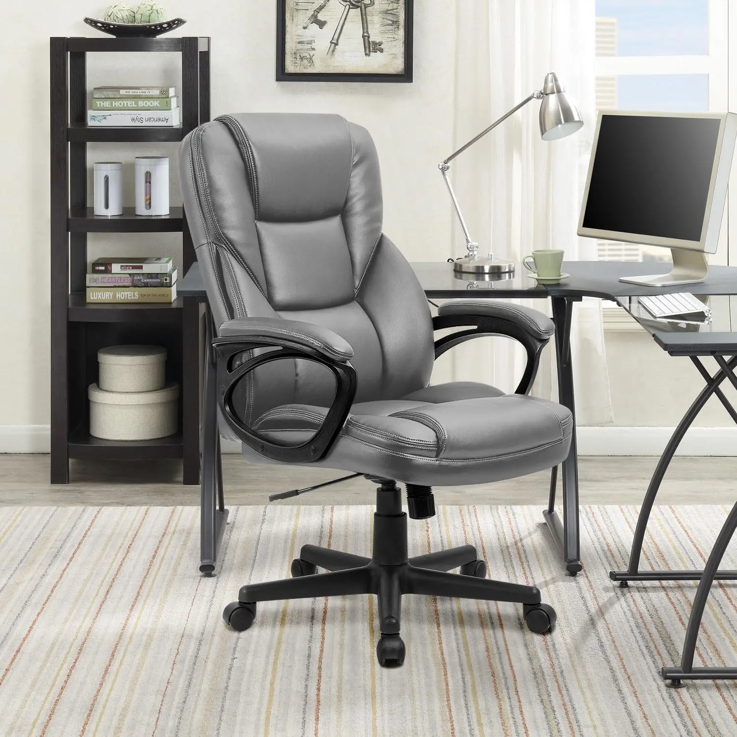 High backrest adjustable management home office chair, rotating computer PU leather chair with lumbar support