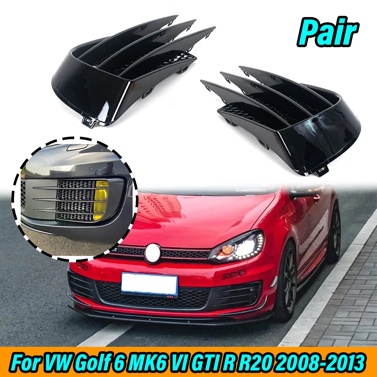 

For VW Volkswagen Golf 6 MK6 VI GTI R R20 2008-2013 Front Fog Light Bumper Grille Eyebrow Eyelid Wind Knife Frame Cover Trim