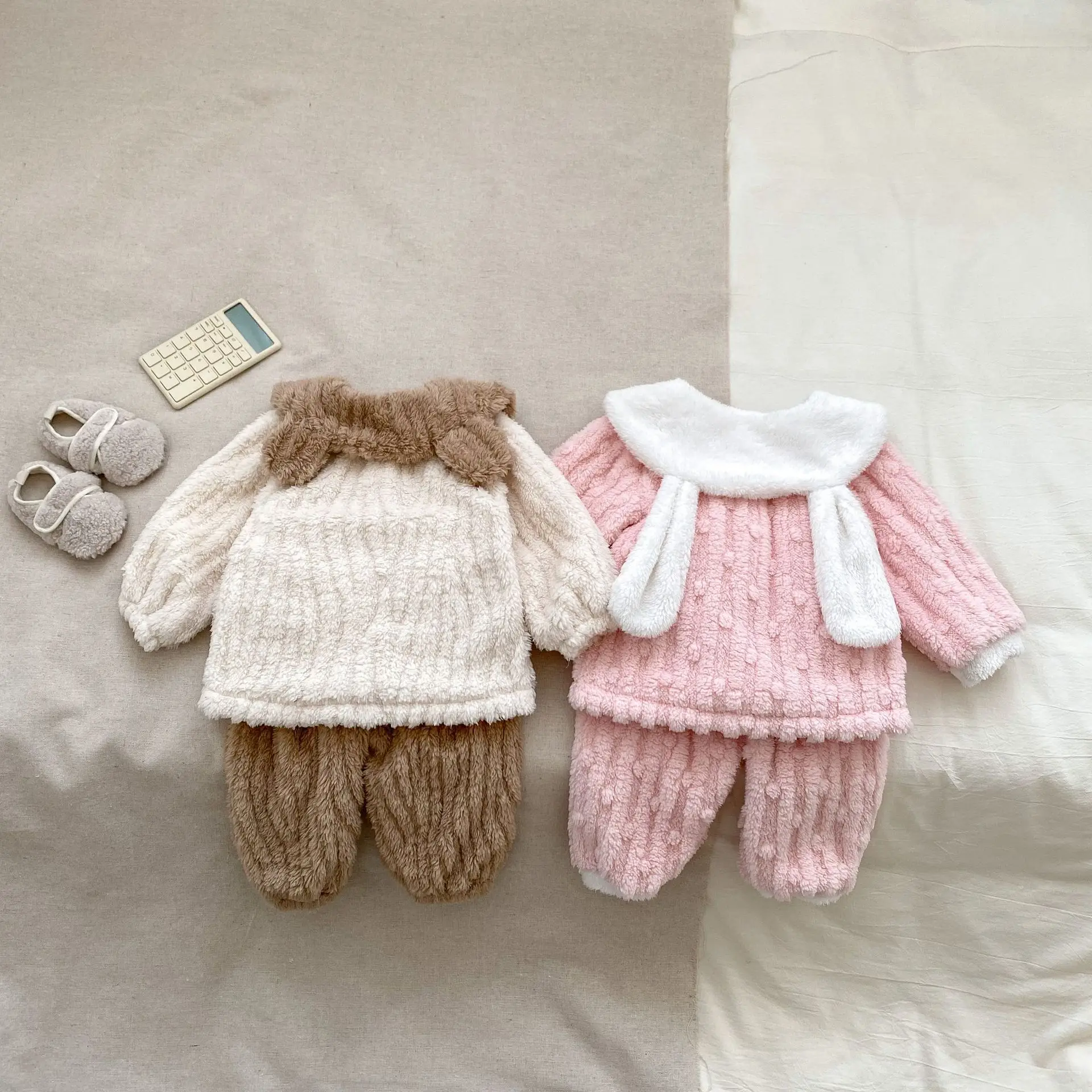 2024 Winter New Baby Cute Cartoon Fleece Pajamas Set Girls Plush Home Wear Cardigan 2pcs Suit Infant Toddler Thick Warm Outfits