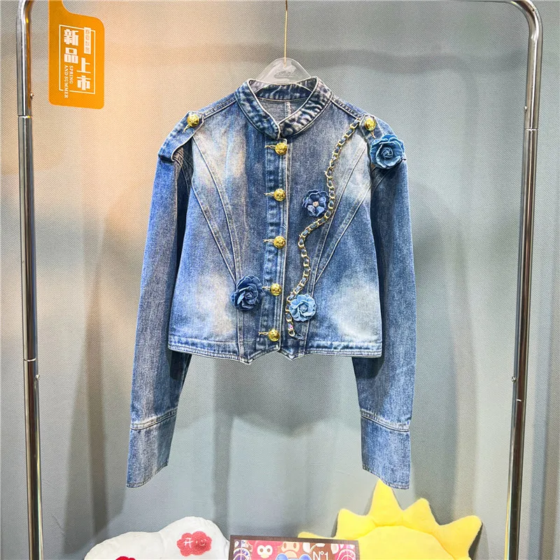 

Spring Women Blue Short Denim Jacket Fashion Chain Flower Decoration Stand Collar Single-breasted Long Sleeve Jeans Jacket Coat