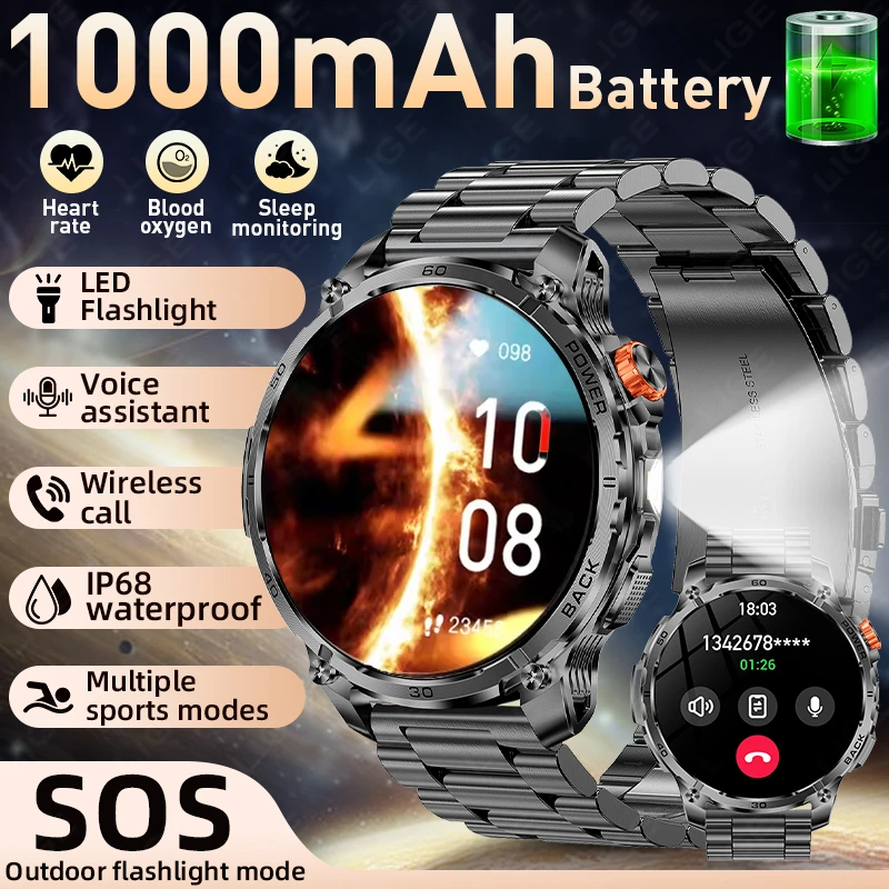 

LIGE Outdoor Military 1000mAh Large Battery Smart Watch Men 1.7" BT Call 3ATM Waterproof Clock Sport Smartwatch for Android iOS