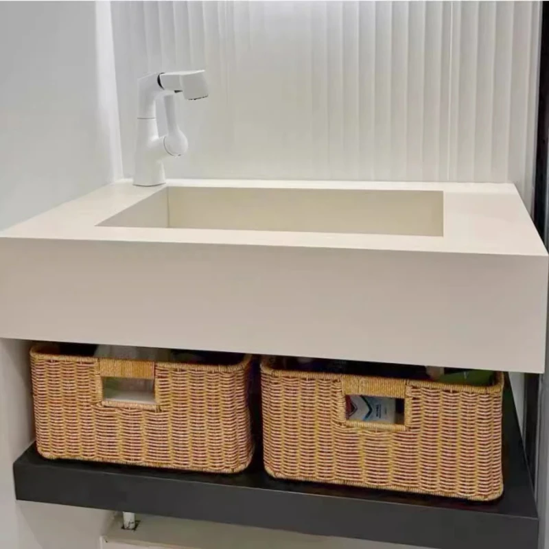 

Bathroom Cabinet Woven Storage Bin, Faux Rattan Living Room Bedroom Organizer, Hollow Handheld Design Storage Basket