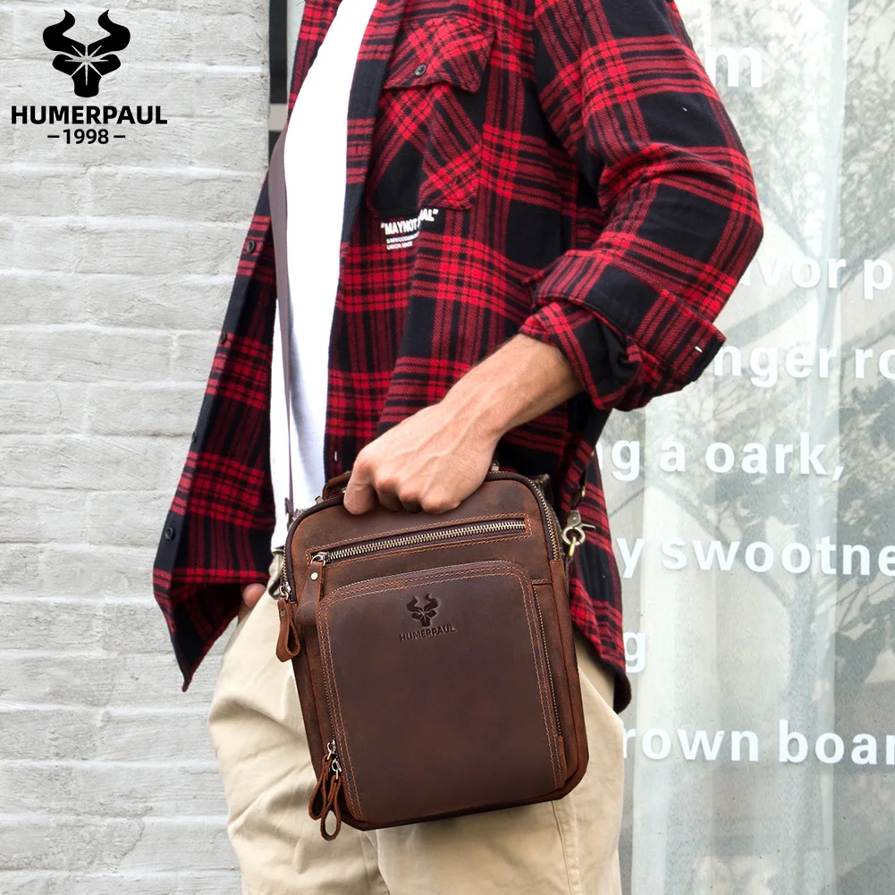 HUMERPAUL-Bolso de hombro de cuero genuino para hombre, bandolera Vintage de gran capacidad, Bolso de viaje