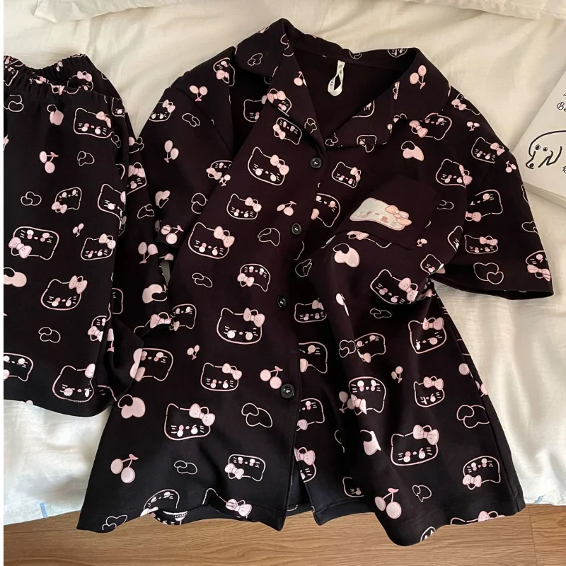 

Hello Kitty Women Sexy Sleepwear Sets Cuteore Cartoon Summer Nightgowns Short Sleeve Shorts Sleeping Pajamas Casual Homewear New
