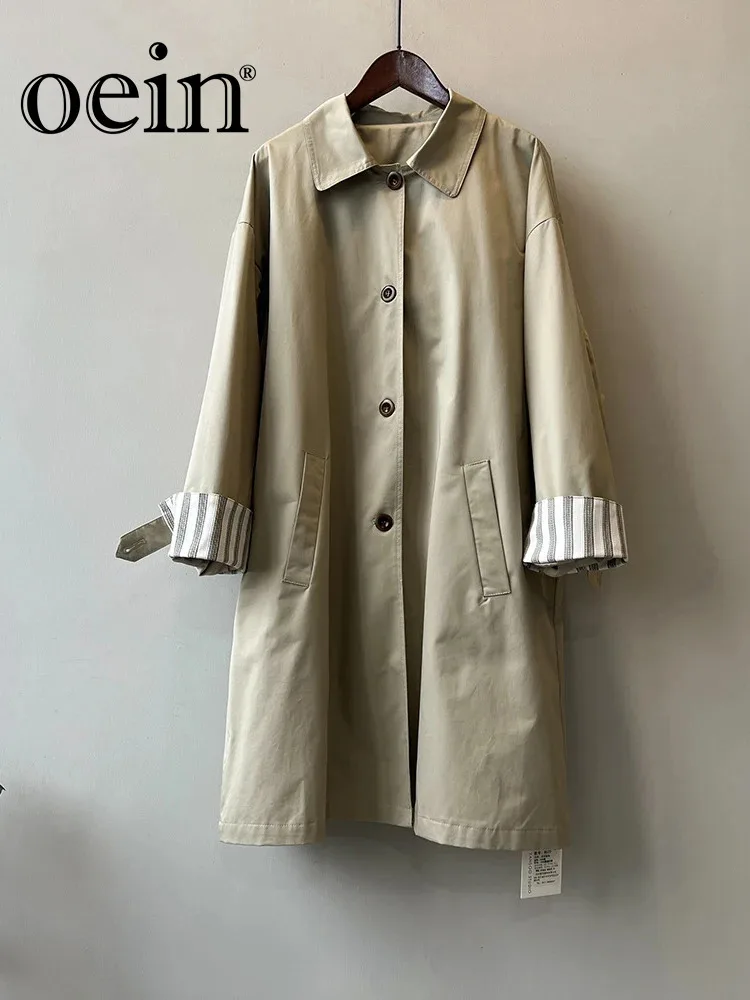 

[oein] ~Korean Style Trench Coat Women's Mid Length 2023 Autumn New Item With Striped Cuffs And Rolled Edges, High-end Jacket